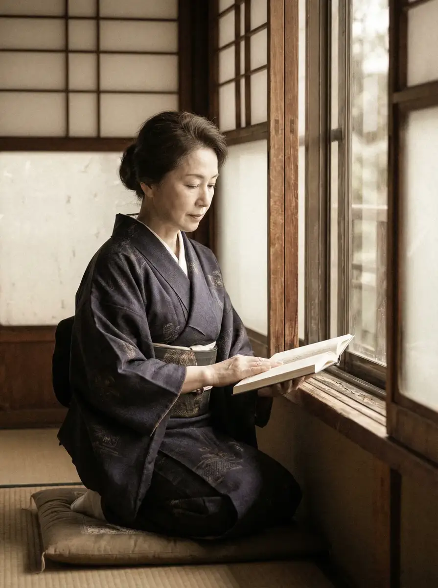 一位优雅的五十岁 188083路mooc 身穿深蓝色和服，在窗边静读